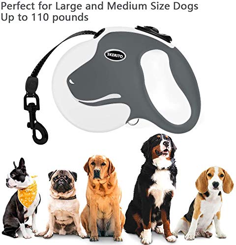 SKERITO Retractable Dog Lead, 360° Tangle-Free Heavy Duty 16ft Reflective Walking Dog Leash Ribbon with Anti-Slip Handle for Medium and Large Dogs Up to 110lbs, One-Handed Brake, Pause and Lock (Gery) Grey - PawsPlanet Australia