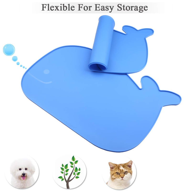 Vivaglory Pet Food Mat with Raised Edge, Large (23.6" x 15.7") or Small (18.9" x 11.8") Waterproof Food Grade Silicone Cute Feeding mat for Kitty Puppy Cat Dog S(18.9"x11.8") Blue (Whale-shape) - PawsPlanet Australia