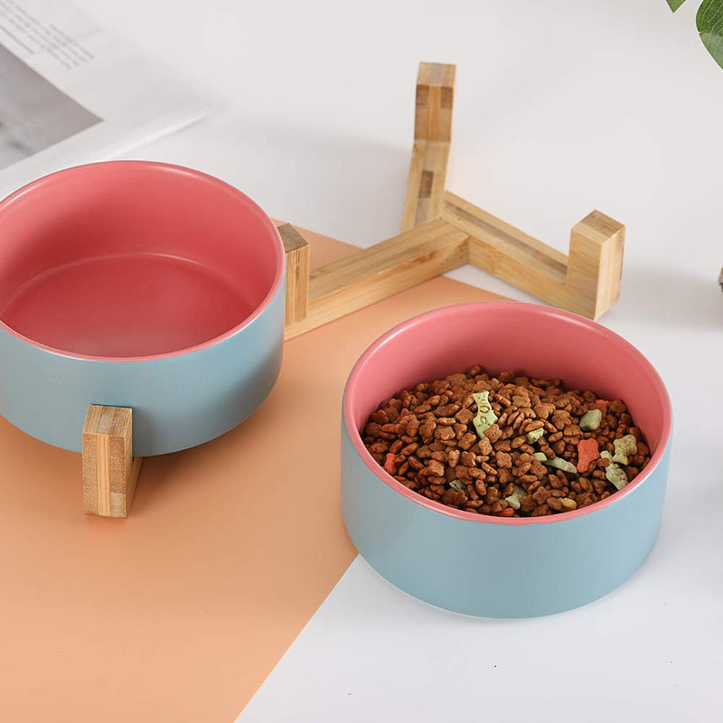 HCHLQLZ Blue Pink Ceramic Cat Bowl with Wood Stand No Spill Pet Food Water Feeder Cats Small Dogs Set of 2 Blue Pink×2 - PawsPlanet Australia