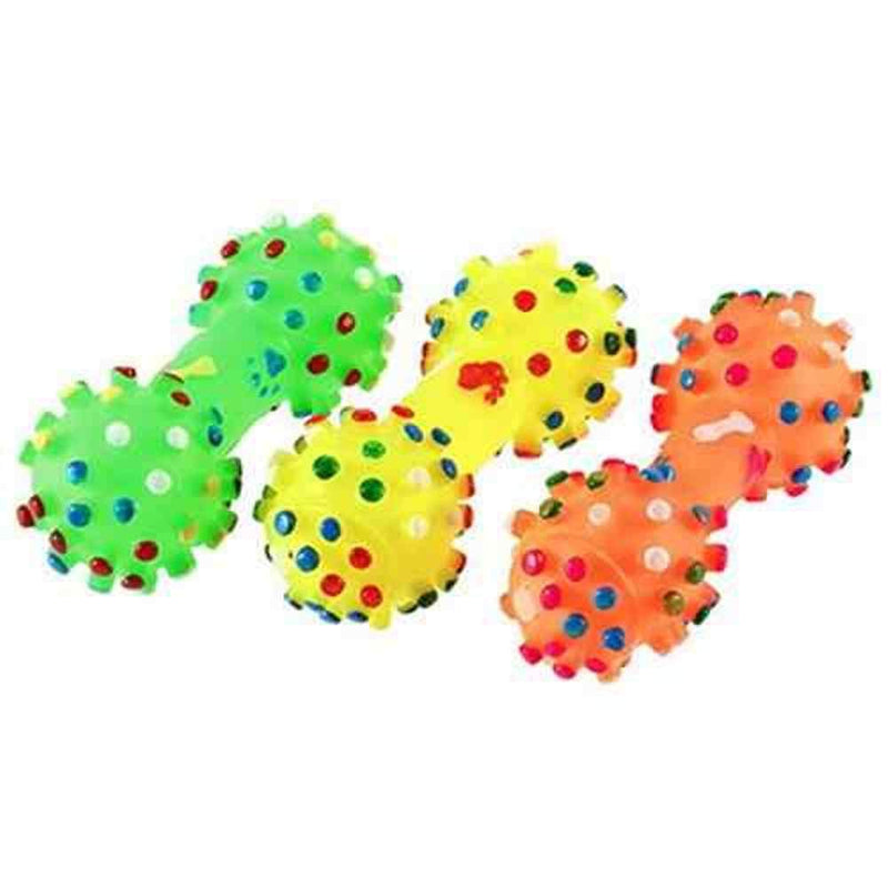 Bark and Purr Polka Dot Squeaky Toy, Dumbbell Chew Toy, For Pet, Dog, Cat or Puppy Pack of 3 assorted colours Material Faux Pet Toy Rubber, Size 11.5cm L/ 4.S cm W - PawsPlanet Australia