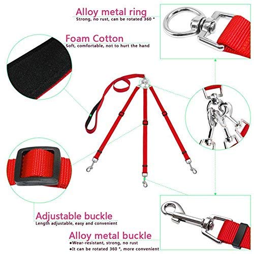 3 Way Dog Leash + Foldable Travel Liner Nylon Adjustable Clutch No Tangle Detachable 3 in 1 Multiple Dog Leash with Soft Padded Handle (Red) Red/Excursion Solid Color (Getaway Solids) - PawsPlanet Australia