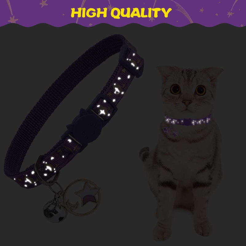 [Australia] - PUPTECK Breakaway Cat Collar with Bell 3 Pack - Charming Luminous Safe Adjustable Moon Pattern Kitten Collars with Star Pendant, Glow in The Dark 