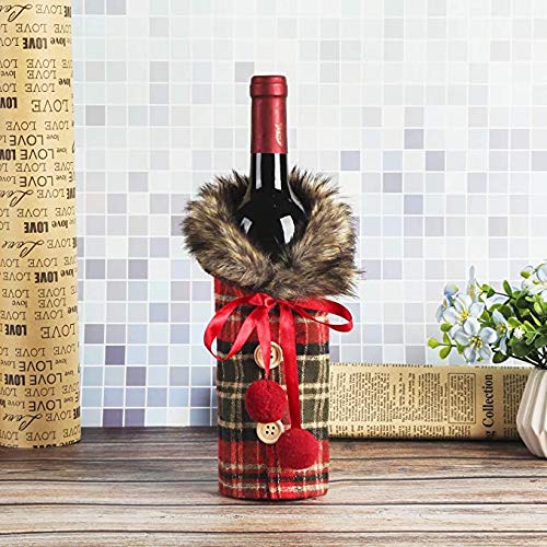 2 Pcs Christmas Sweater Wine Bottle Covers,Plaid Clothes & Linen Wine Bottle Dress With Faux Fur Collar And Button Coat Design Wine Bottle Bags for Xmas Party Decorations - PawsPlanet Australia
