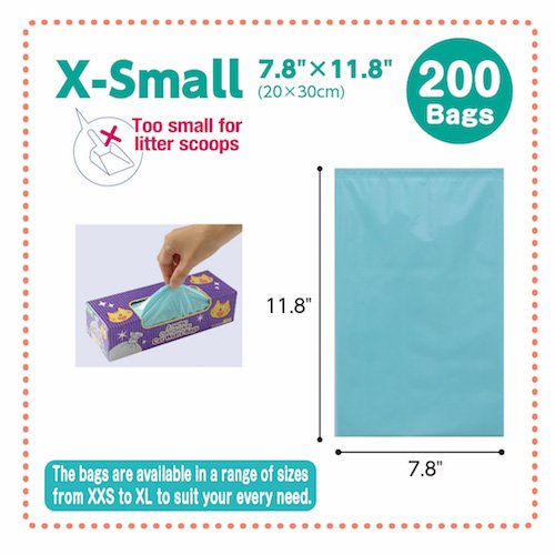[Australia] - BOS Amazing Odor Sealing Cat Waste Bags - Durable and Unscented (200Bags) [Size: XS, Color: Light Blue] Too Small to get a Litter Scoop Inside! 