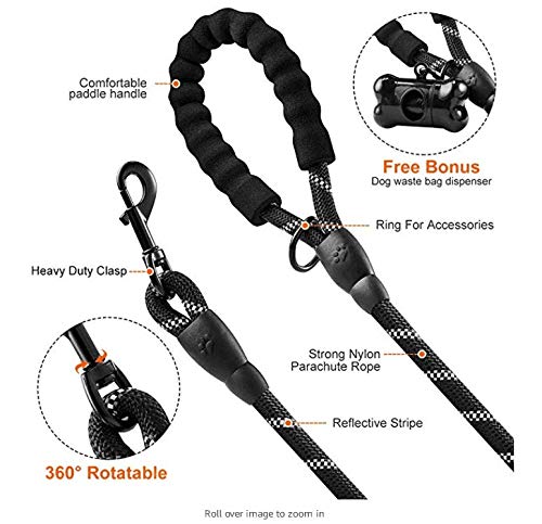 [Australia] - xjzx 5 FT Heavy Dog Leash - Comfortable Filling Handle, Heavy Metal Buckle and High Reflector, Suitable for Small, Medium and Large Dogs, with Foldable Free Pet Bowl 