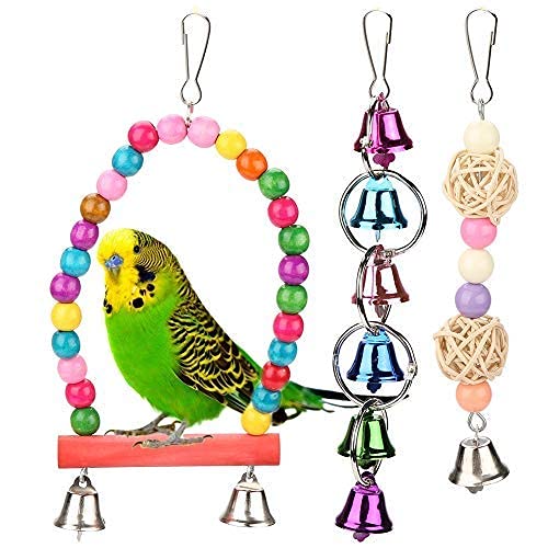 Fdit Wooden & Metal Pet Bird Swing Toy Bells Colorful Parrot Cage Hammock Hanging Toys 5pcs/Set - PawsPlanet Australia