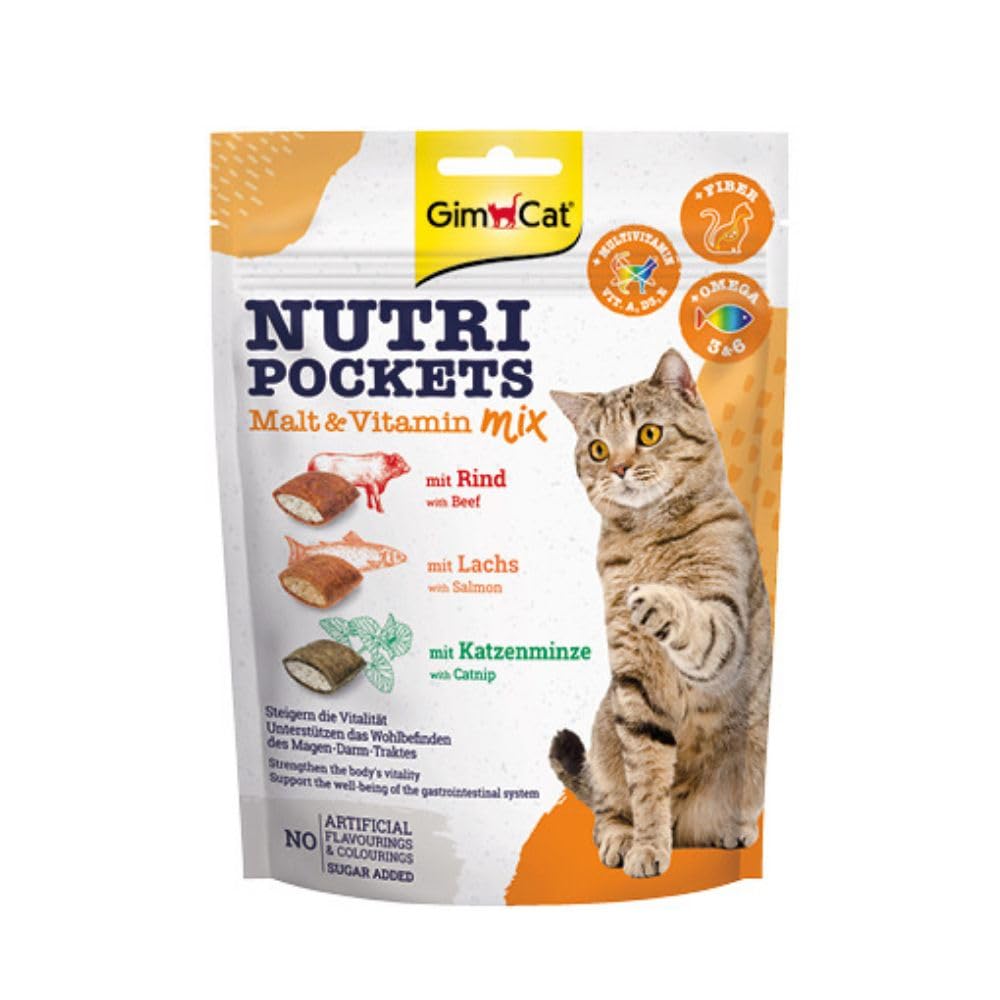 GimCat Nutri Pockets Malt & Vitamin Mix - Crunchy cat snack with creamy filling and functional ingredients - 1 bag (1 x 150 g) 150 g (pack of 1) - PawsPlanet Australia