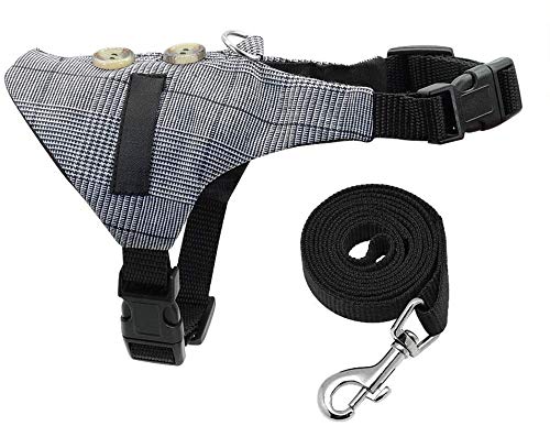 MMBOX Show Cute Vintage Bunny Vest Harness and Leash Set with Button Decor Small Pets Adjustable Formal Suit Style Plaid Stripe Harness for Rabbit Kitten Small Animal Walking Jogging (Gray, M) Gray - PawsPlanet Australia