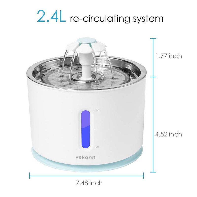 [Australia] - Vekonn Cat Water Fountain, Stainless Steel Top and Intelligent Auto Power Off Pump 3 Carbon Filters, 1 Mat and 2 Cleaning Brushes, Water Level Window with LED Light Green 