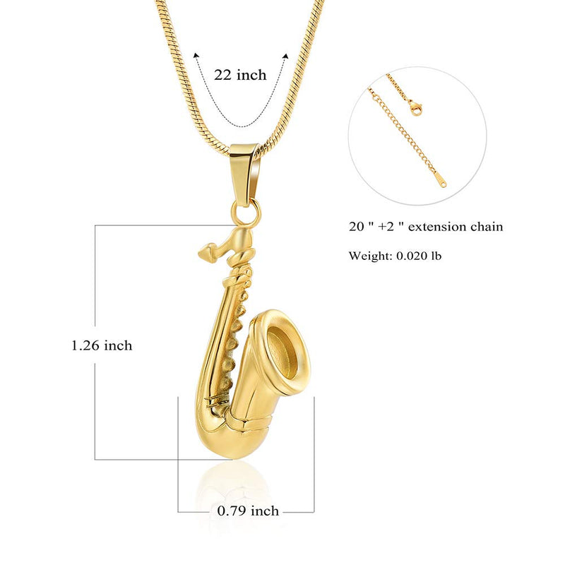 [Australia] - Saxophone Cremation Jewelry Urn Necklace for ashes Stainless Steel Musical Instruments Keepsake Memorial Jewelry Gold 