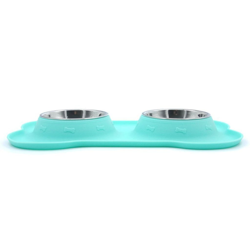 [Australia] - Super Design Double Bowl Pet Feeder Stainless Steel Food Water Bowls with No Spill Silicone Mat for Dogs Cats Small Light Green 