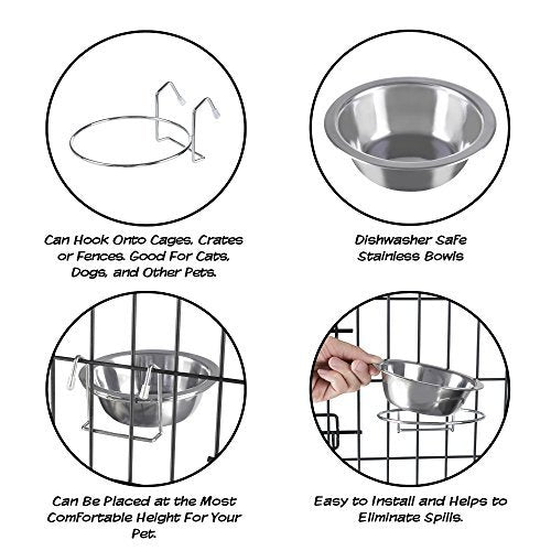 Stainless Steel Hanging Pet Bowls for Dogs and Cats Collection- Cage, Kennel, and Crate Feeder Dish for Food and Water- Set of 2, By PETMAKER 8 oz - PawsPlanet Australia