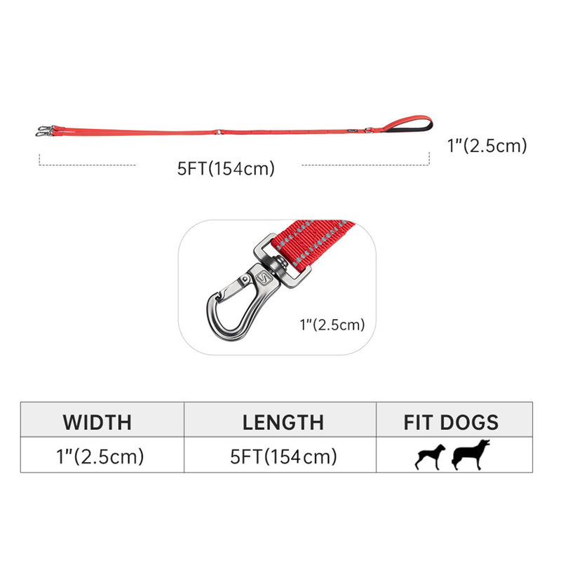 EXCELLENT ELITE SPANKER 5FT Double Leash Reflective Nylon Dog Leash Multiple Dog Leash with Padded Handle for Two Dogs Training Running（Black） 5FT*1'' Black - PawsPlanet Australia