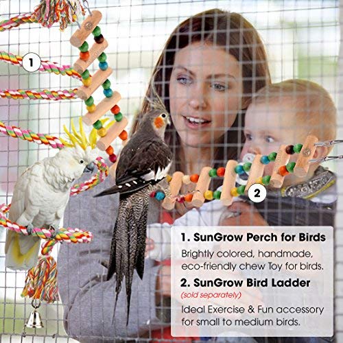 [Australia] - SunGrow Rope Perch for Parrots, 1.5 Meter Long, Bungee Bird Toy, Brightly Colored Handmade Chew Toy, Spiral Design with Jingling Bell, Ideal for Relaxing, Improves Balance, Coordination and Agility 