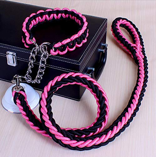 [Australia] - Manco Luella Heavy Duty Dog Leash Collar Set, Adjustable Martingale Braided Loop Slip Strong Metal Pull Clip Anti-Twist Pet Walking Training Lead Solid Hand Crafted Rope for Medium Large Dog M pink_black 