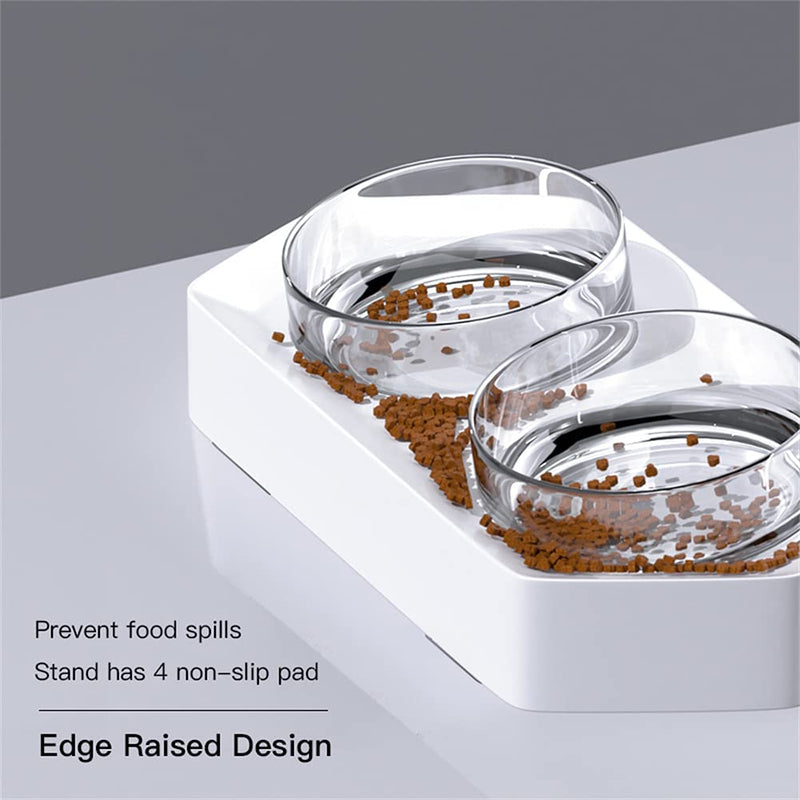 Marchul Raised Cat Bowl, Raised Edge Prevents Food Spilling, Transparent Double Cat Food Bowl, with Anti-Slip Stand and Tilted Design, Food Dishes for Cat Small Dog Double Bowl White - PawsPlanet Australia
