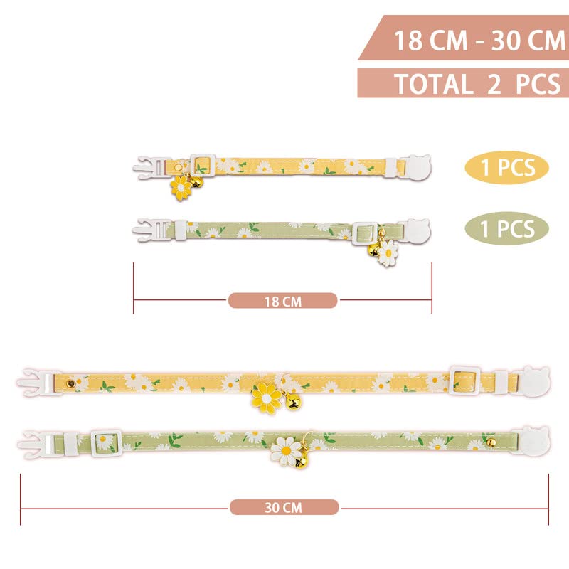 XIXKOLYU 2 Pack Cotton Breakaway Cat Collar with Bell, Yellow & Green Flowers Pendant Cute Cat Collar Kitten Collar, Ideal for Girl Cats Boy Cats Yellow + Green - PawsPlanet Australia