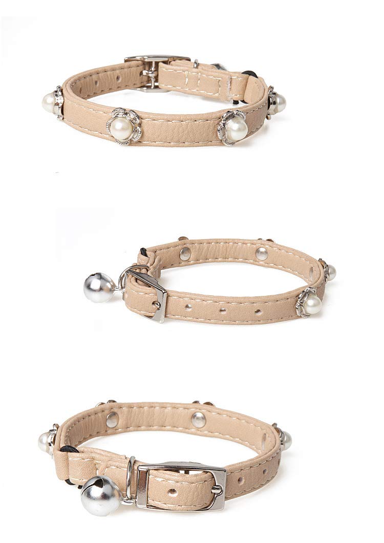[Australia] - Gyapet Cat Collar with Bell Leather Dog Collars Christmas Adjustable Cute Pearl Small Girl Jewelry W-0.4"/L-11" Beige 