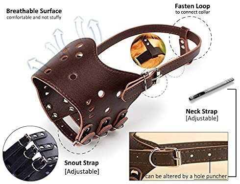 Dog Muzzle Leather, Comfort Secure Anti-Barking Muzzles for Dog, Breathable and Adjustable, Allows Drinking and Eating, Brown Dog Muzzle for Small Medium Large Dog(XS, Brown) XS - PawsPlanet Australia