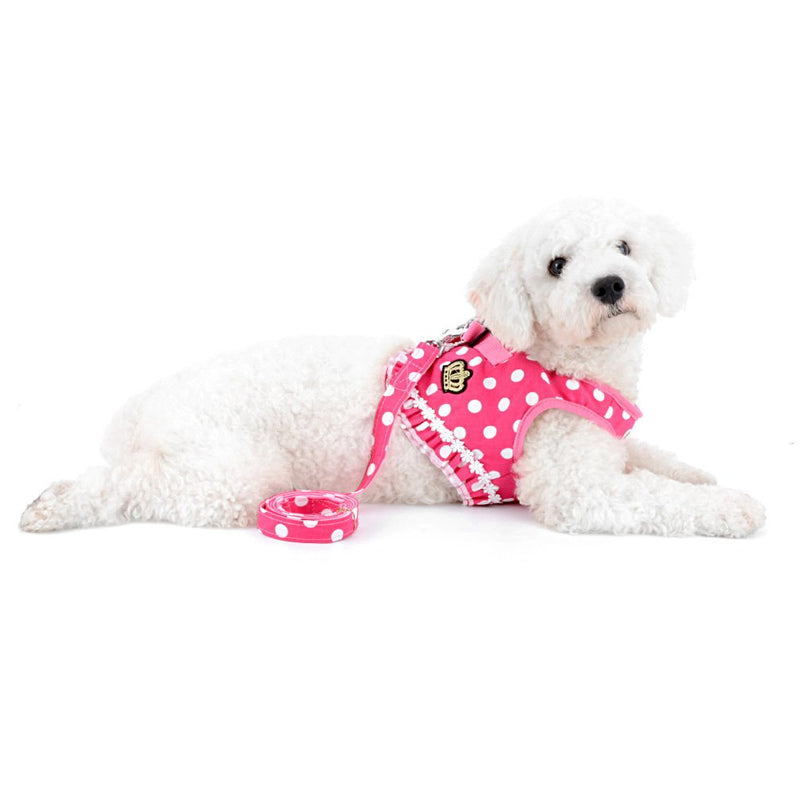 [Australia] - SMALLLEE_LUCKY_STORE No Pull Polka Dot Small Dog Cat Harness with Crown, Soft Mesh Padded Vest Harness and Leash Set for Girls M (chest 13.4") Pink 