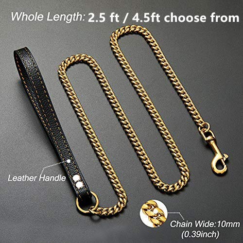 3ft Long Heavy Duty Durable 18k Gold Metal Chain Dog Leash for Large Dogs, Anti-chew Water-Resistant Unbreakable Stainless Steel Cuban Chain Links with Padded Leather Handle Lead Training Leash 24 inch chain length - PawsPlanet Australia