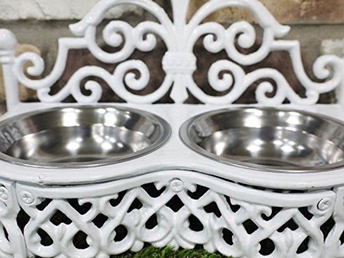 Best Value Here Antique Style Cast Iron Pet DOG CAT Raised Bowls 2 Stainless Steel DIsh Food Water Large Small (Small Dog Bowl (White)) - PawsPlanet Australia