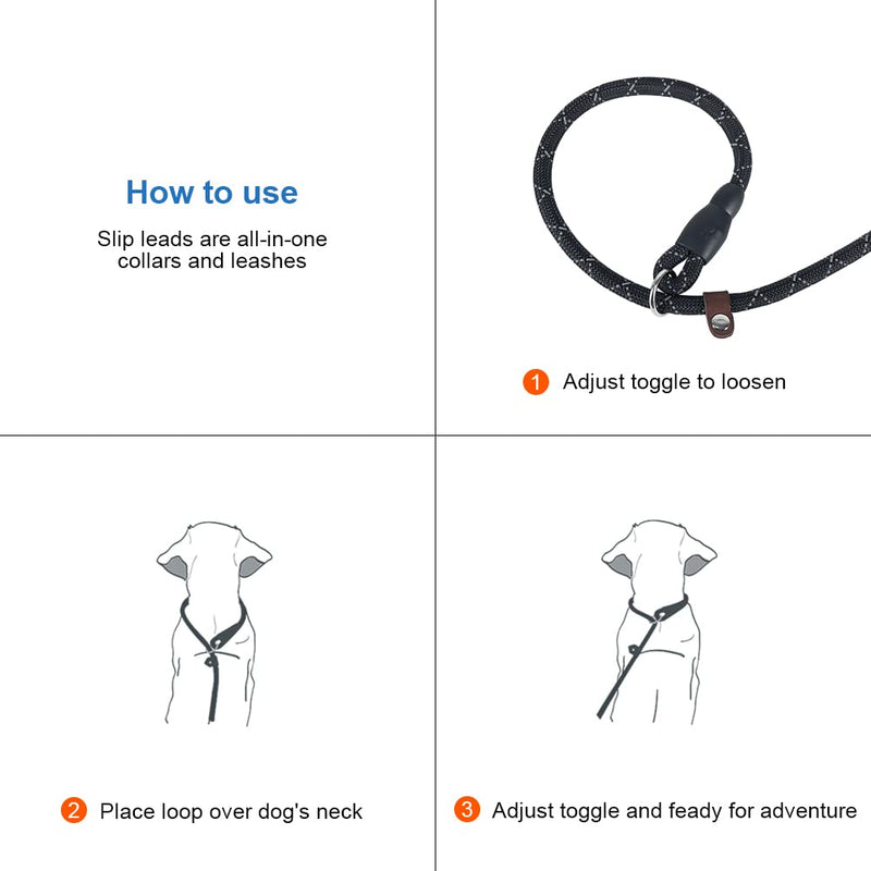 Vivifying Slip Lead Dog Leash, 6.5FT Reflective Durable Rope Dog Leash, No Pull Dog Training Leash with Comfortable Handle for Medium and Large Dogs (Black) - PawsPlanet Australia