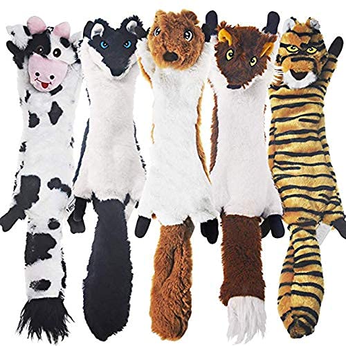 Squeaky Dog Toys 5 Pack, Stuffing Free For Safe No Mess Play, No Stuffing To Be Chewed Or Swallowed, Plush Toy Set, Cow, Wolf, Squirrel, Fox, Tiger - PawsPlanet Australia