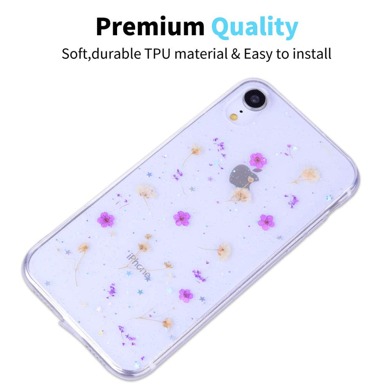 OKZone for iPhone XR (6.1 Inches) Case [with HD Screen Protector], [Dried Flowers] Silicone Shockproof Clear Glitter Floral Cover Soft Resin Art Craft Bling Protective Case (Purple) Purple - PawsPlanet Australia