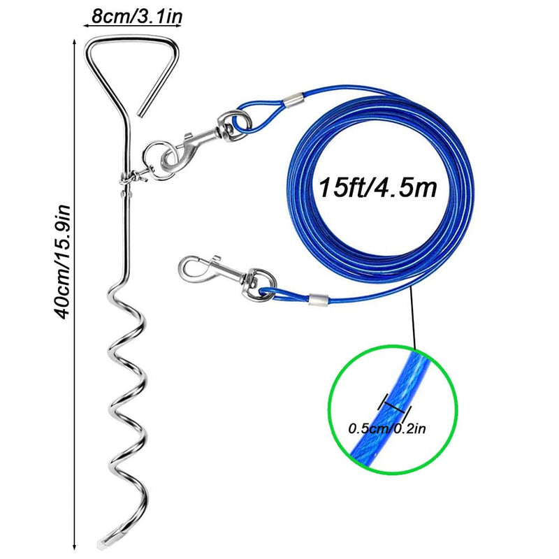 Cable leash for dogs, 15ft mooring peg for dogs, mooring peg with leash, tie out cable for camping, for yard and camping, pet leash for medium to large dogs - PawsPlanet Australia