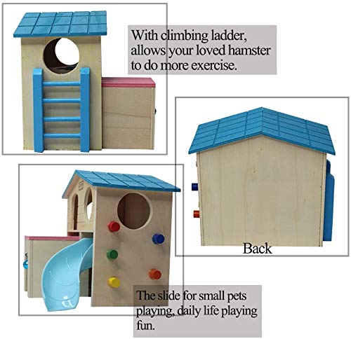 PINVNBY Wooden Hamster House Small Animal Hideout Climbing Ladder Slide Hut Play Toys for Chipmunk Mouse Rat Hedgehog (Blue) Blue - PawsPlanet Australia