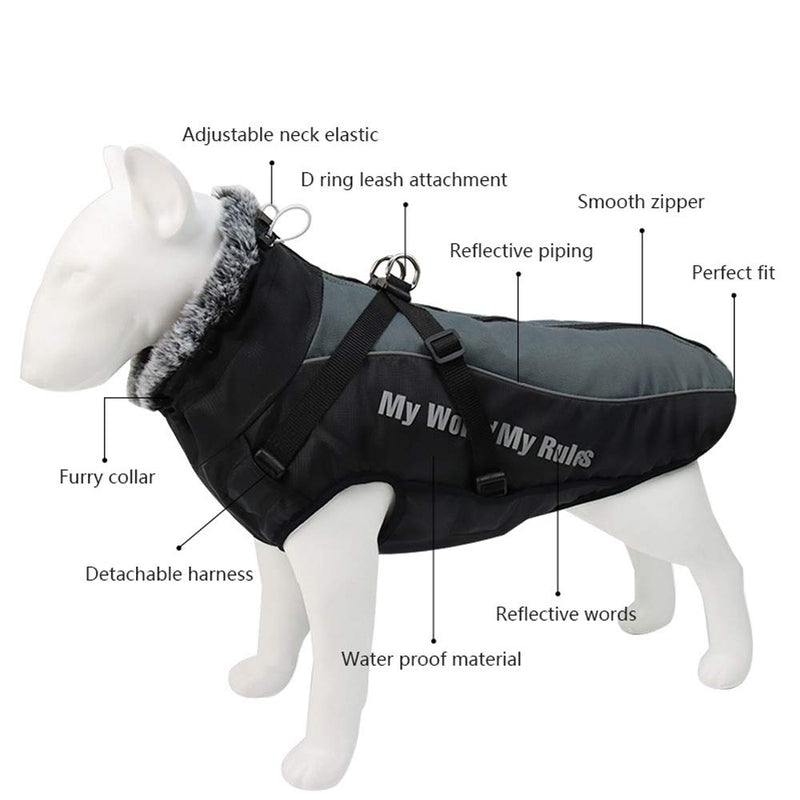 [Australia] - Domkim Dog Coats for Winter Windproof Waterproof Dog Jackets with Harness for Cold Weather Warm Reflective Dog Vest with Fur Collar for Medium Large Dogs XL Grey 