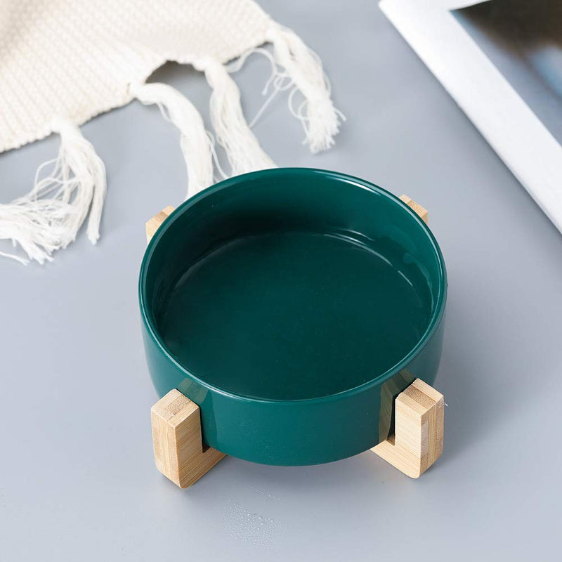 Green 5 inch Ceramic Cat Bowl with Wood Stand No Spill Pet Food Water Feeder Cats Small Dogs Green - PawsPlanet Australia