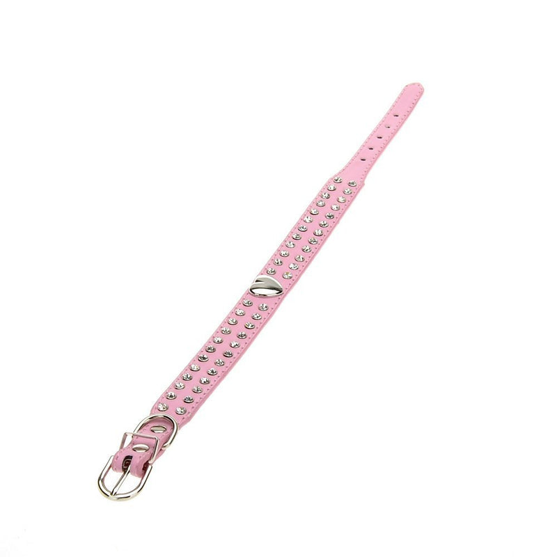 [Australia] - Wowlife Top Pet Dog Leash 2 Rows Rhinestone Bling Heart Studded Leather Dog Collar for Pet Colla S Pink 