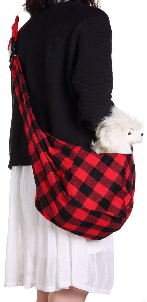 [Australia] - ChezAbbey Pet Dog Sling Carrier Hand Free Reversible Pet Papoose Bag Soft Pouch and Tote Design Adjustable Outdoor Travel Sling Bag Carrier for Dogs Cats up to 12lbs Plaid Black and Red 