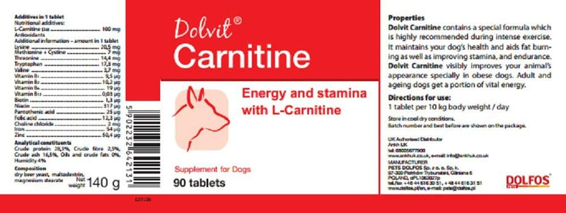 Dolvit Carnitine - Energy Stamina Weight Management well selected B Vitamins Minerals Amino acids with L-Carnitine 90 tablets for DOGS - PawsPlanet Australia