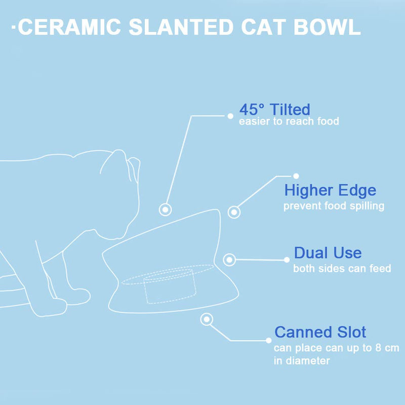 [Australia] - Super Design Ceramics Raised Cat Bowl, Slanted Cat Dish for Food, Stress Free Angled Elevated Cat Bowl, Less Regurgitating and Vomiting, Can Place Can Blue 