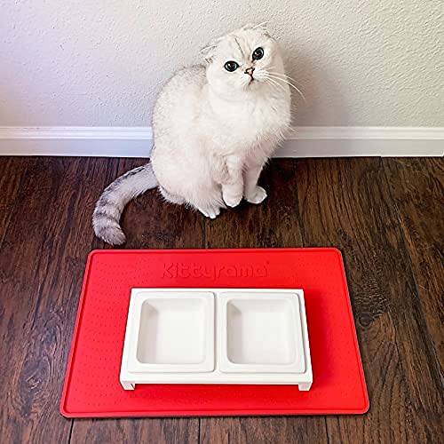 Kittyrama Stylish, Dual-sided Cat Food Mat (Red/Charcoal). Fits 2/3 Cat Bowls. Cat Tray Contains Water & Mess. Stays Firm, Grips On Floor. Large 48x30 CM. Hypoallergenic & Waterproof Silicone Cat Mat Chilli (Red/Charcoal) - PawsPlanet Australia