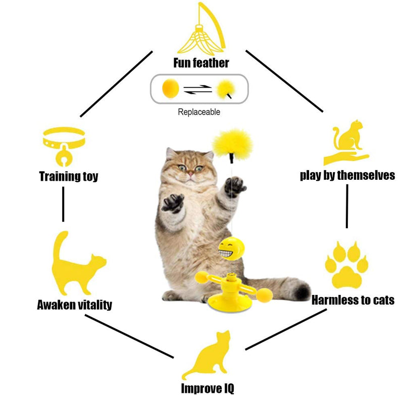 WeChip Windmill Interactive Cat Toy, Cat Toys for Indoor Cats with Turntable Teasing Feather Stick Suction Cup Base Funny Kitten Feather Ball Toys for Cats Cradle String Game (Yellow) - PawsPlanet Australia