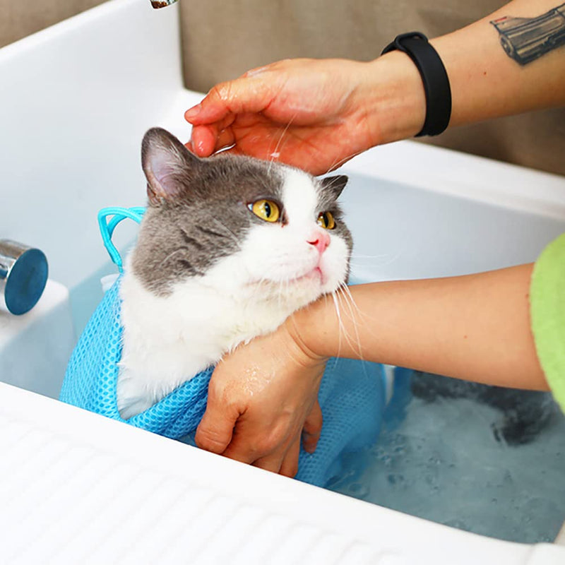 FUNSEED Cat Bathing Bag for Washing, Shower, Nail Trimming, Ears Clean, Adjustable Multifunctional Anti-Bite Anti-Scratch Restraint Bag Blue - PawsPlanet Australia