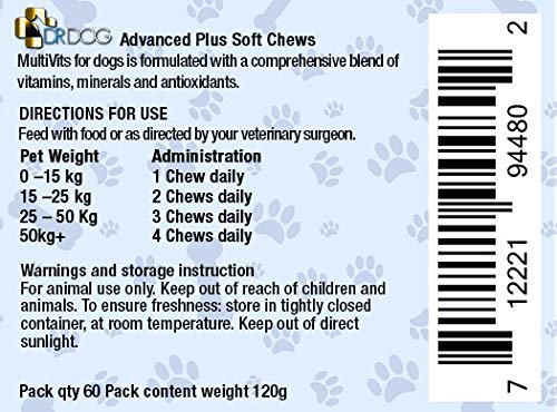 DR DOG Multivitamin for Dogs – 60 Natural Soft Chews Tasty Treats – Essential Multivitamins Minerals Antioxidants – Fussy Friendly Chewable Pet Multi Vitamin - Made in UK - PawsPlanet Australia
