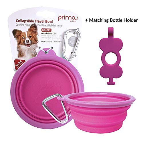 Prima Pets Collapsible Silicone Food & Water Travel Bowl with Clip for Dog and Cat: Small (1.5 Cups) + Bottle Holder, Pink - PawsPlanet Australia