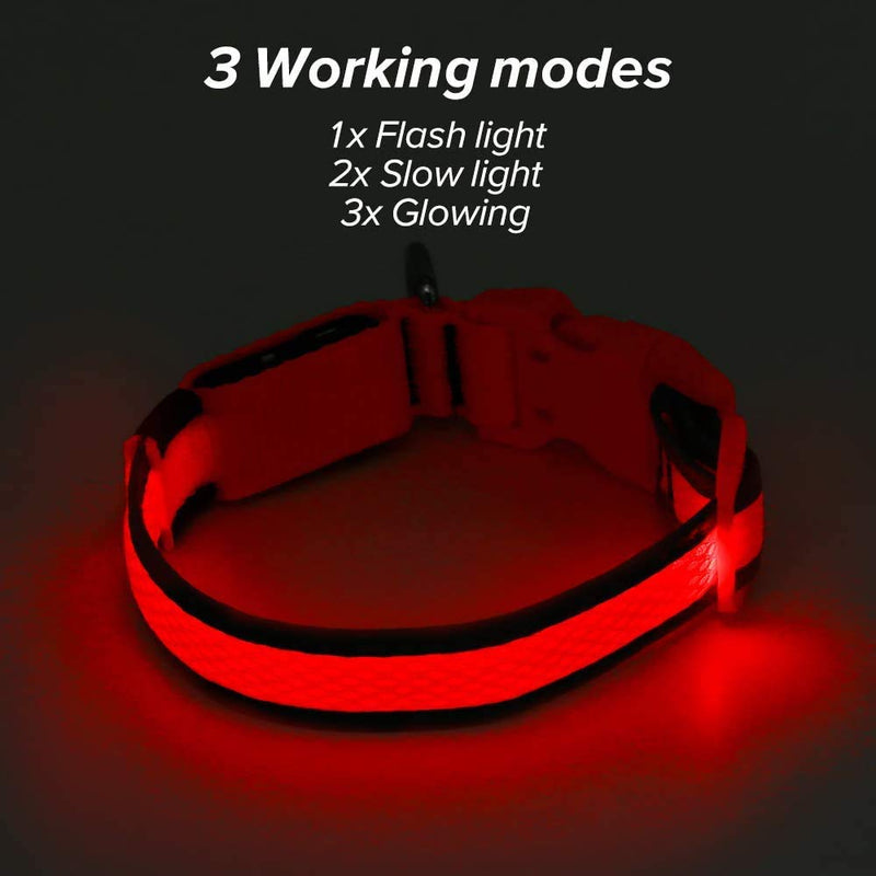 LED Dog Collar Micro USB Rechargeable Light Up Glowing Pet Collar Comfortable Soft Mesh Safety Dog Collar for Small Medium Large Dogs (M, Red) M Red with Reflective Strip - PawsPlanet Australia