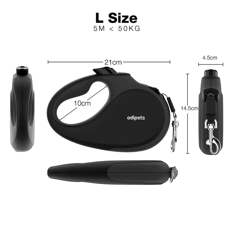 Edipets, Extendable and Retractable Dog Lead, 5 m, 360 Degree Tangle Free Nylon Dog Lead for Small, Medium and Large Dogs (L, Black) L - PawsPlanet Australia