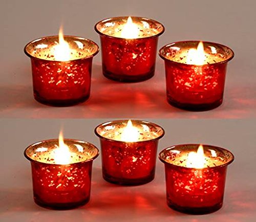 Hosley Set of 6 Metallic Antique Finish Red Glass Candle Tealight Holder. Ideal Gift for Wedding Bridal Party Reiki LED Votive Tea Light Gardens O4 - PawsPlanet Australia