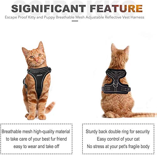 SCIROKKO Cat Harness and Lead Set - Escape Proof Adjustable Puppy Harness for Outdoor with Reflective Strap, Soft Mesh with Metal Clip Cat Walking Jacket for Kitten Rabbit Black - PawsPlanet Australia