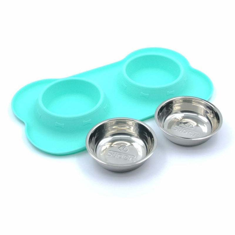 [Australia] - Super Design Double Bowl Pet Feeder Stainless Steel Food Water Bowls with No Spill Silicone Mat for Dogs Cats Small Light Green 