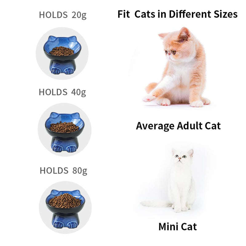 Nihow Slanted Elevated Cat Bowls: Ceramic Raised Cat Food Bowl for Protecting Pet's Spine - Microwave & Dishwasher Safe -Elegant Blue & Black (1 PC) 4.5 OZ - PawsPlanet Australia