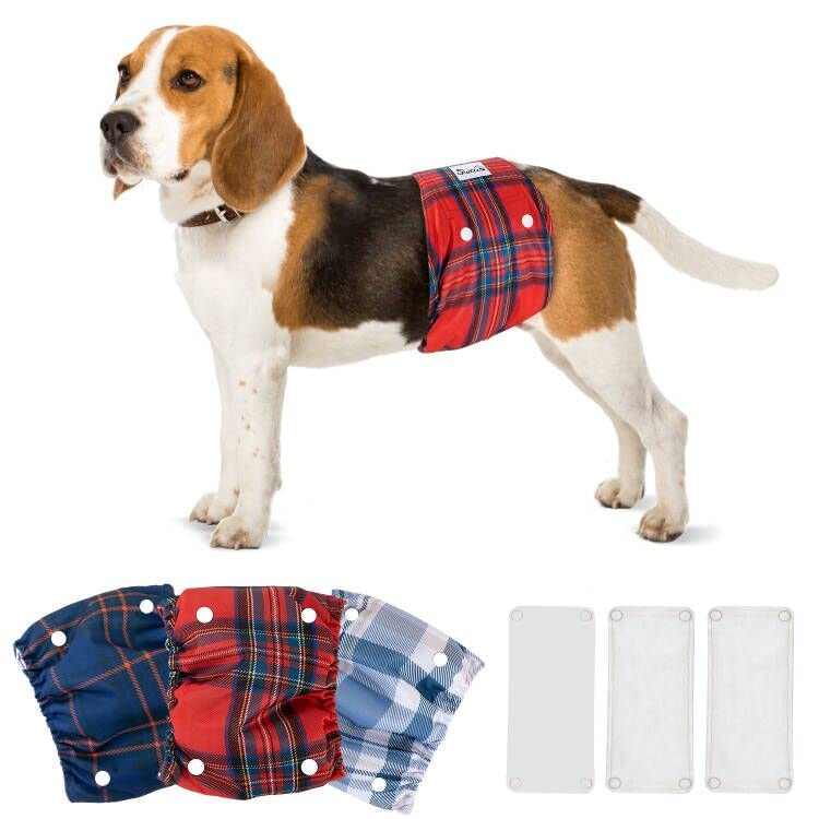 SlowTon Washable Dog Diapers Male - with Removable Pads - 3 Pack Reusable Dog Belly Bands Male Dog Belly Wrap (Plaid, Large) Large (Waist 20"-25") Plaid - PawsPlanet Australia