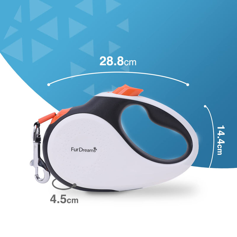 FurDreams Retractable Dog Lead - Heavy Duty Extendable (5m) Leash | Non-slip handle with lock control | Strong tangle-free nylon strap & collar hook (white/orange, medium) orange - PawsPlanet Australia